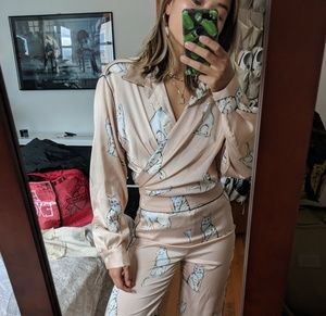 Zara pink cat print wrap blouse small